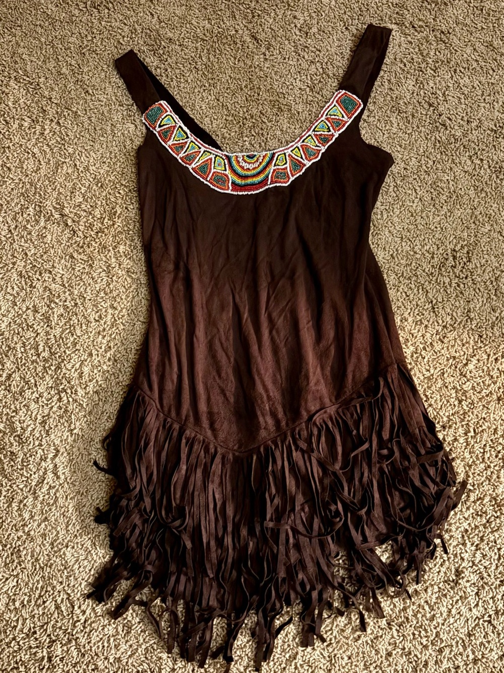 Brown Fringe Women's Sleeveless Dress with Beaded Neckline